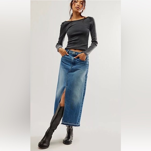 Free People Frame The Midaxi Skirt Angle Front Slit Frayed Hem Blue - Picture 1 of 4
